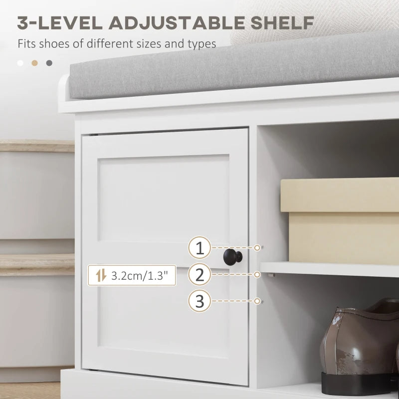 Shoe Storage Bench With Cushioned Seat, Entryway Bench Seat With 2 Cabinets And Adjustable Shelf For Hallway, White