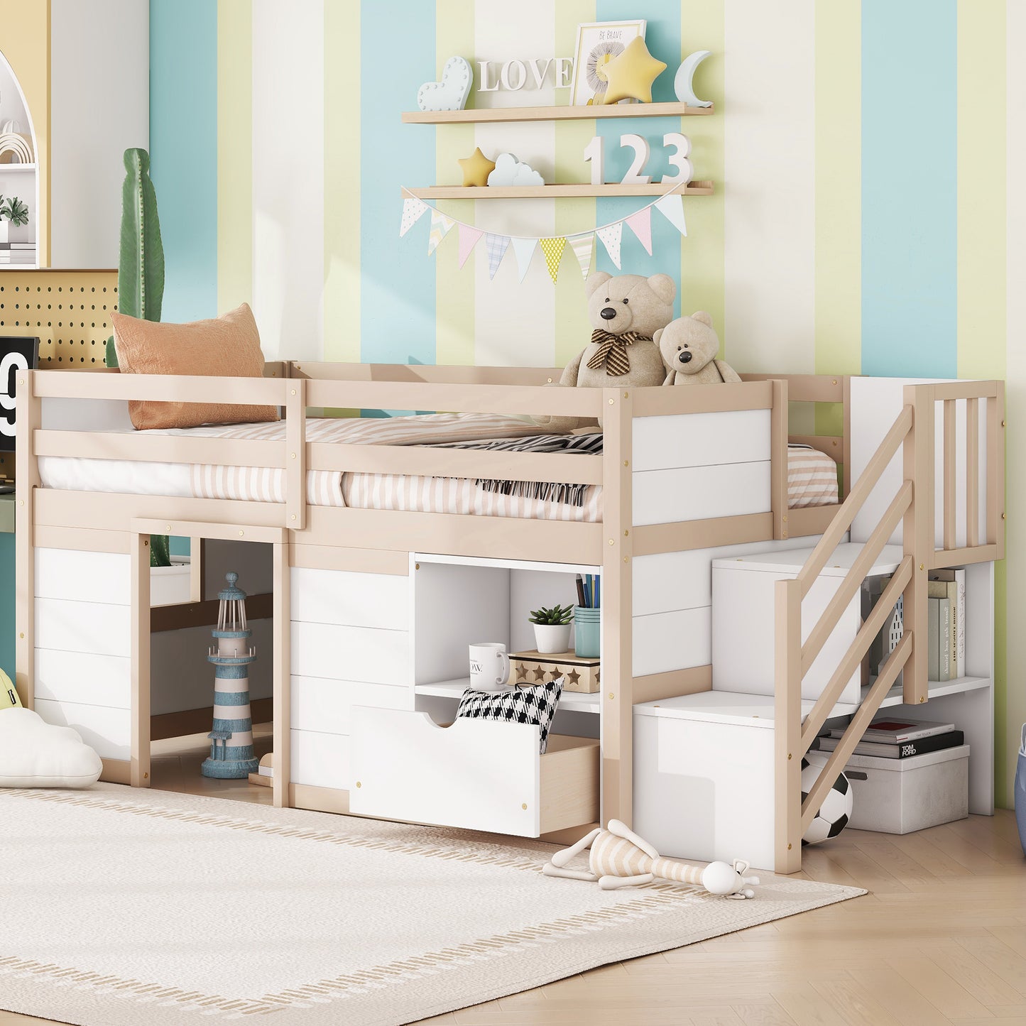 SOLID WOOD TWIN SIZE LOW LOFT BED WITH STAIR, DRAWER, AND SHELF FOR CREAM   WHITE COLOR