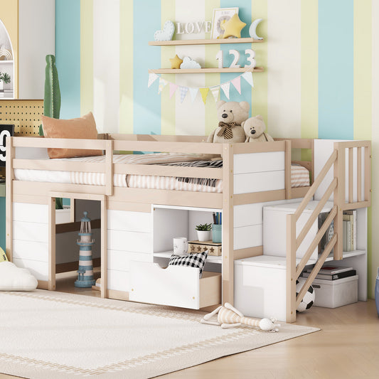 SOLID WOOD TWIN SIZE LOW LOFT BED WITH STAIR, DRAWER, AND SHELF FOR CREAM   WHITE COLOR