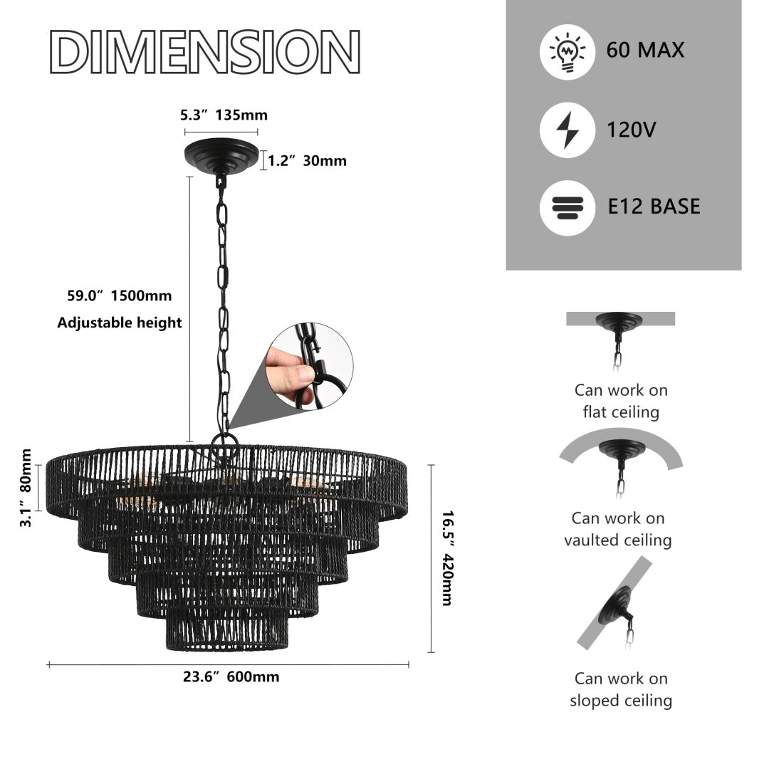 24 Rustic 5-Tier Black Hemp Rope Pendant Light Chandelier With 8 E12 Sockets, Boho Farmhouse Ceiling Fixture For Dining Room, Kitchen, Or Entryway  Bulb Not Included