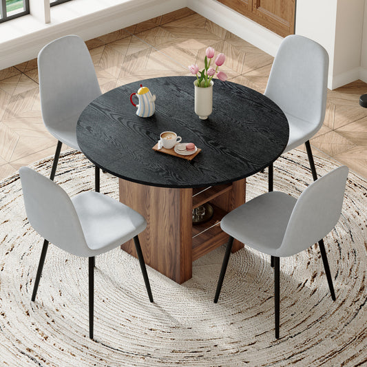 Table And Chair Set. 42 Inch Round MDF Black Dining Table With Double-layer Storage Shelves, Stable Frame. Paired With 4 Light Gray Linen-Cotton Material High Resilience Dining Chair With Metal Leg.