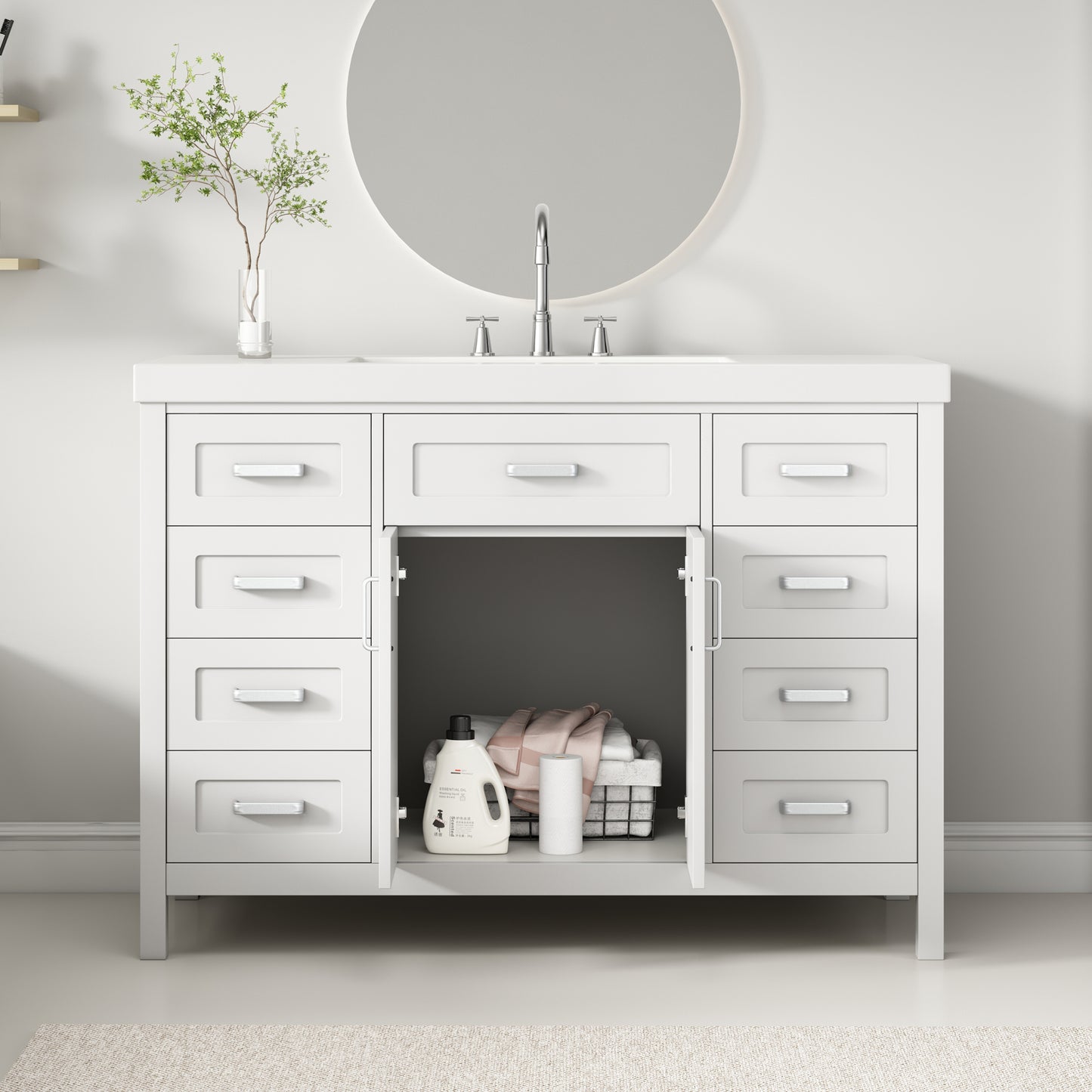 Video 48  Bathroom Vanity With Sink, 2 Doors And 8 Drawers, Soft Close System, Classic Design, White