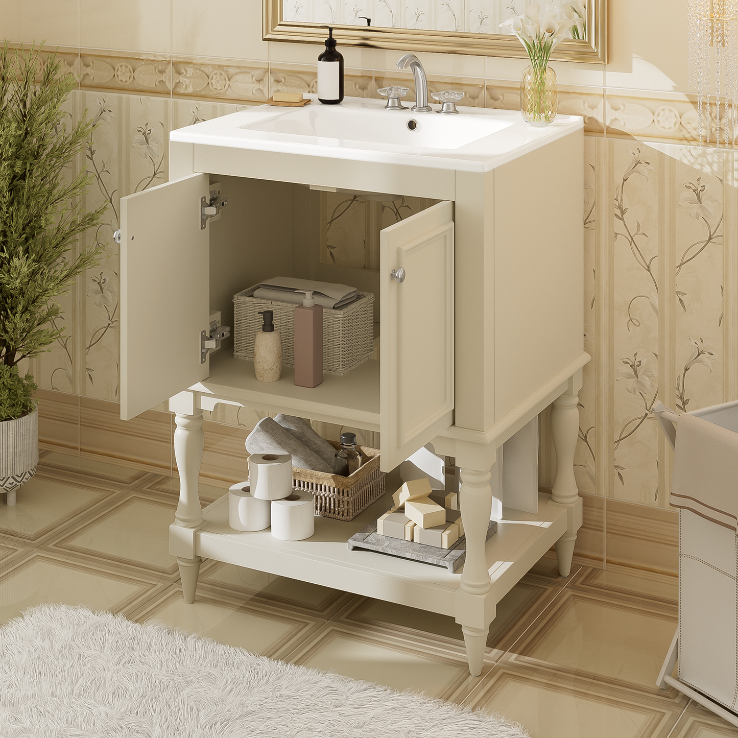 24 Inch Modern Luxury Bathroom Vanity With Ceramic Sink, Bathroom Cabinet With Open Shelf And Closed Storage
