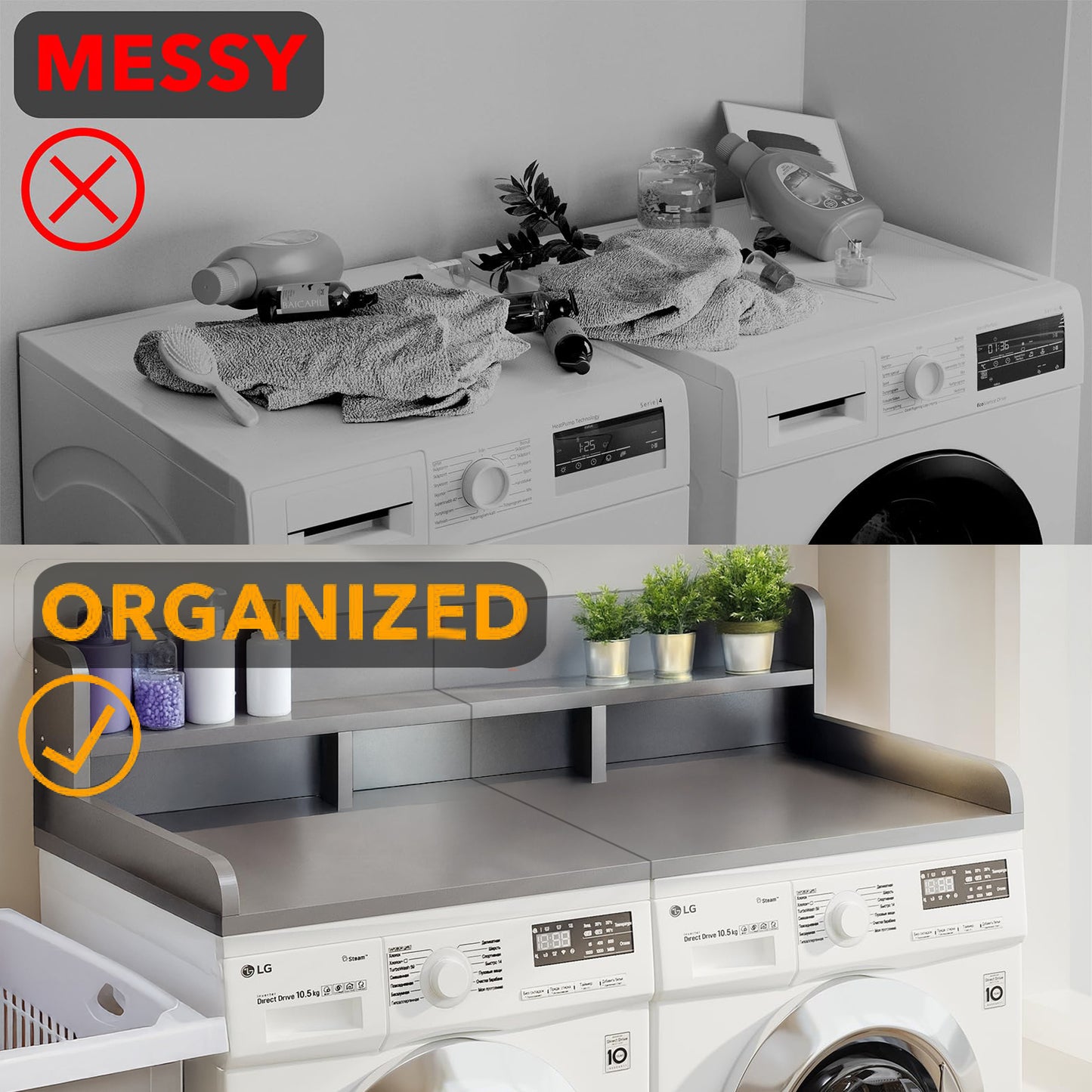 Washer Dryer Countertop With Non-slip Pads, Laundry Wood Shelf Topper With Edge, 54 Width X 27.5 Depth Double Layer Organizer For Washer And Dryer Laundry Hamper Counter Storage Organization GRAY