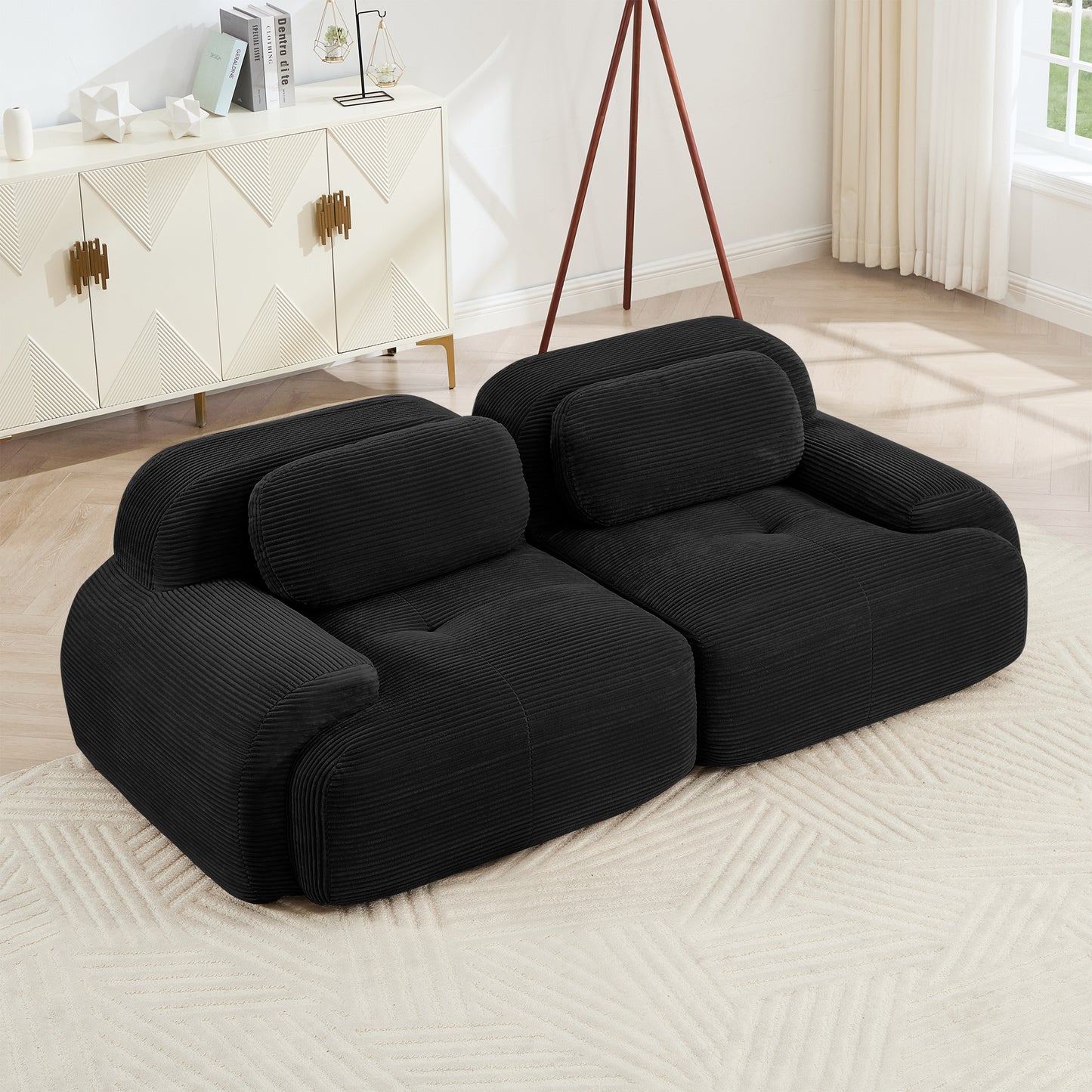 82'' Loveseat Sofa In LuxuryCorduroy Fabric Modular For Free Combo Separation Curved Armrests ,anti-slip Design High-resilience Sponge Fits Living Rooms Bedrooms Audiovisual Room, Black