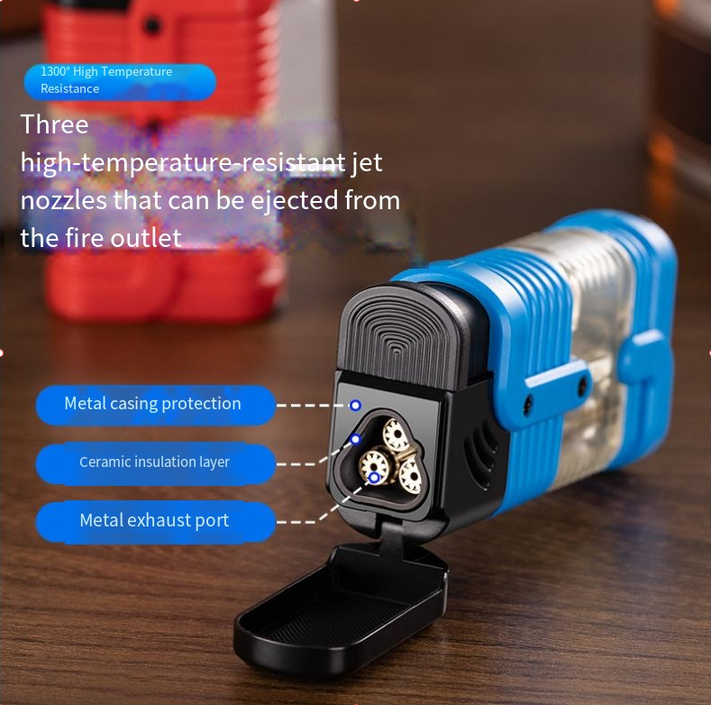 Three Direct-to-cigarette Lighter - Black  Three Nozzle Flames  Butane Torch Igniter  Rechargeable Butane Gas Igniter  Windproof Adjustable  3 Burning Flames  Suitable For Cooking, Camping, Cigar Ligh