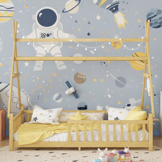 Twin House Bed With Light, Low Floor House Bed With Fence And Roof For Kids Boys Girls,NaturalExpect Arrive Date 2026 4 2   Old SKU W2593P296911
