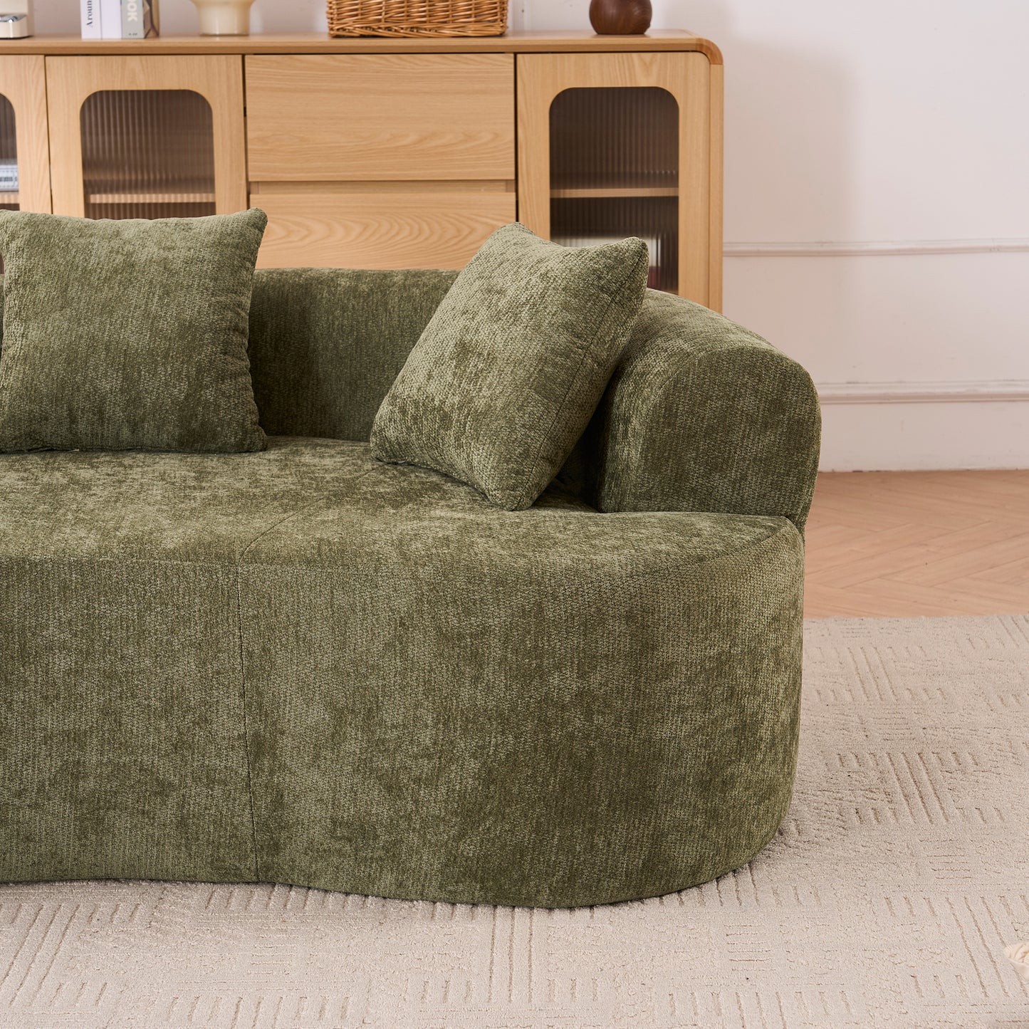 Crescent-shaped Sofa, Modern Low-back Design With Deep Cushions, Self-inflating Foam-filled Large Two-seater Sofa Requiring No Assembly.  Green Chenille Fabric