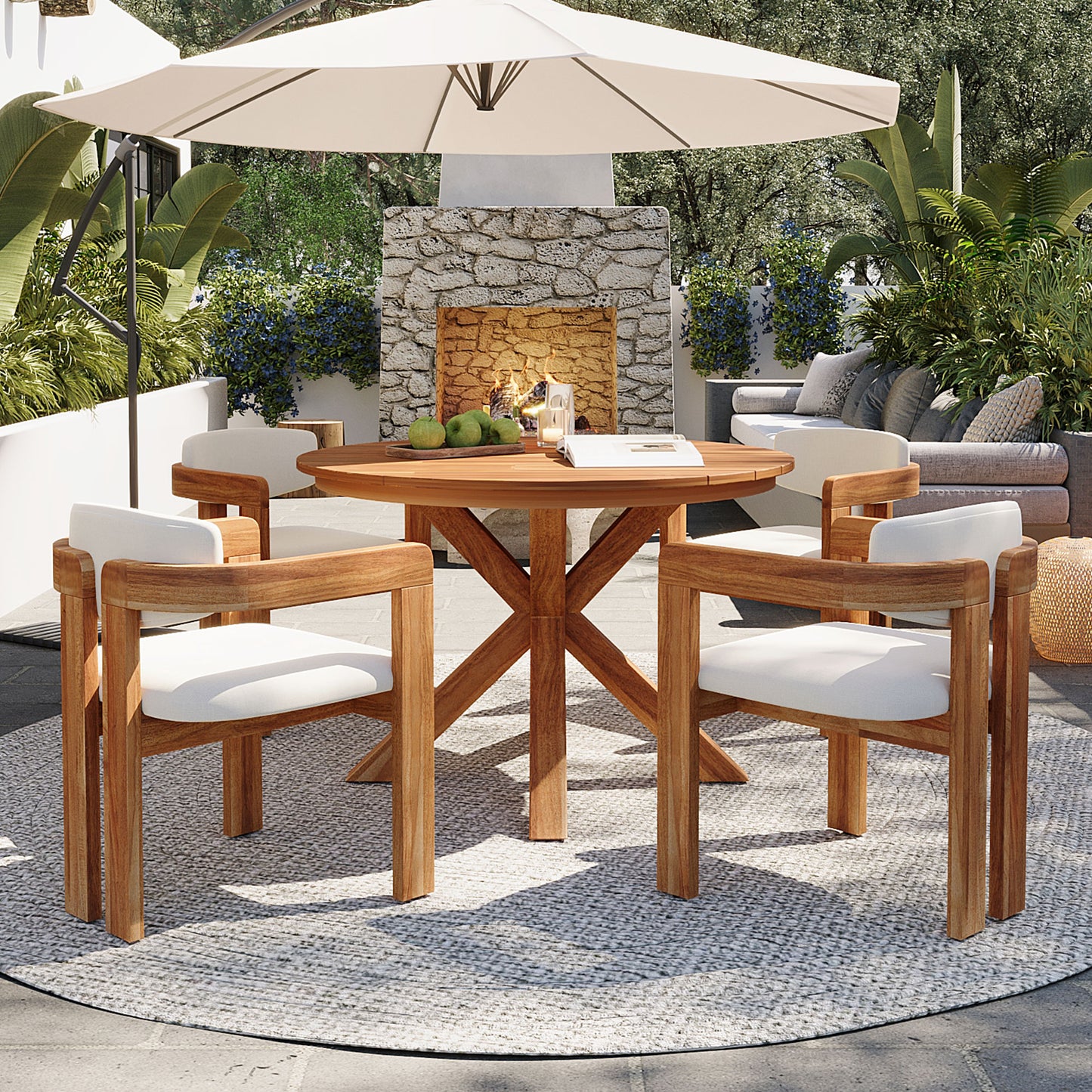5-Piece Outdoor Acacia Wood Round Dining Set, Solid Wood Patio Table With 4 Barrel Chairs, Cushioned Seats & Backs, Modern Garden Conversation Set, Beige Cushion