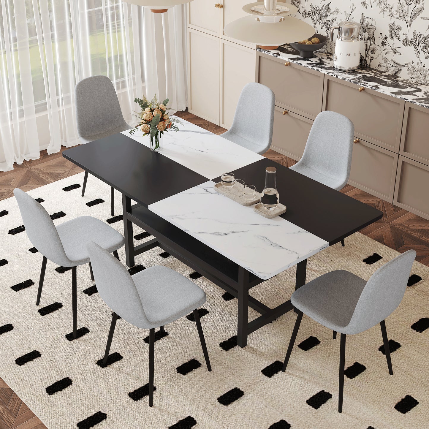 Table And Chair Set.71x35.4 Inch White And Black Spliced Dining Table With Storage Function In The Middle Of The Table Legs.Paired With 6 Light Gray Linen Fabric Chairs.