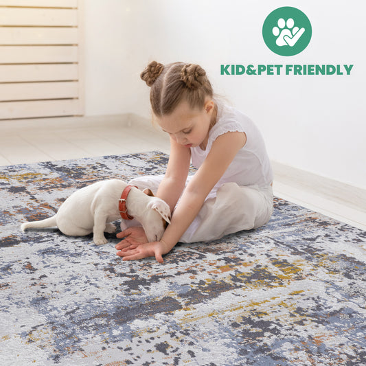 PAYAS   8X10 Ivory  Blue  Abstract Area Rug