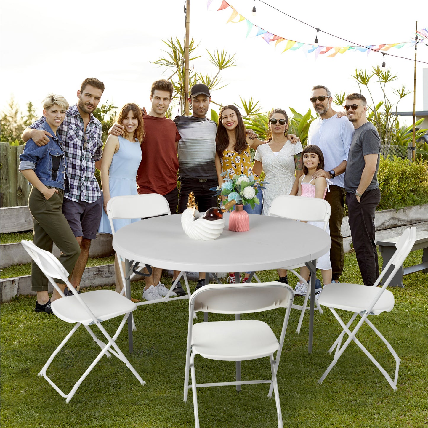 Circular Round Foldable Table With Built In Handle & Steel Legs Heavy Duty Portable Perfect For Party, Dining, Wedding, Events, Picnic Indoor, Outdoor, Camping