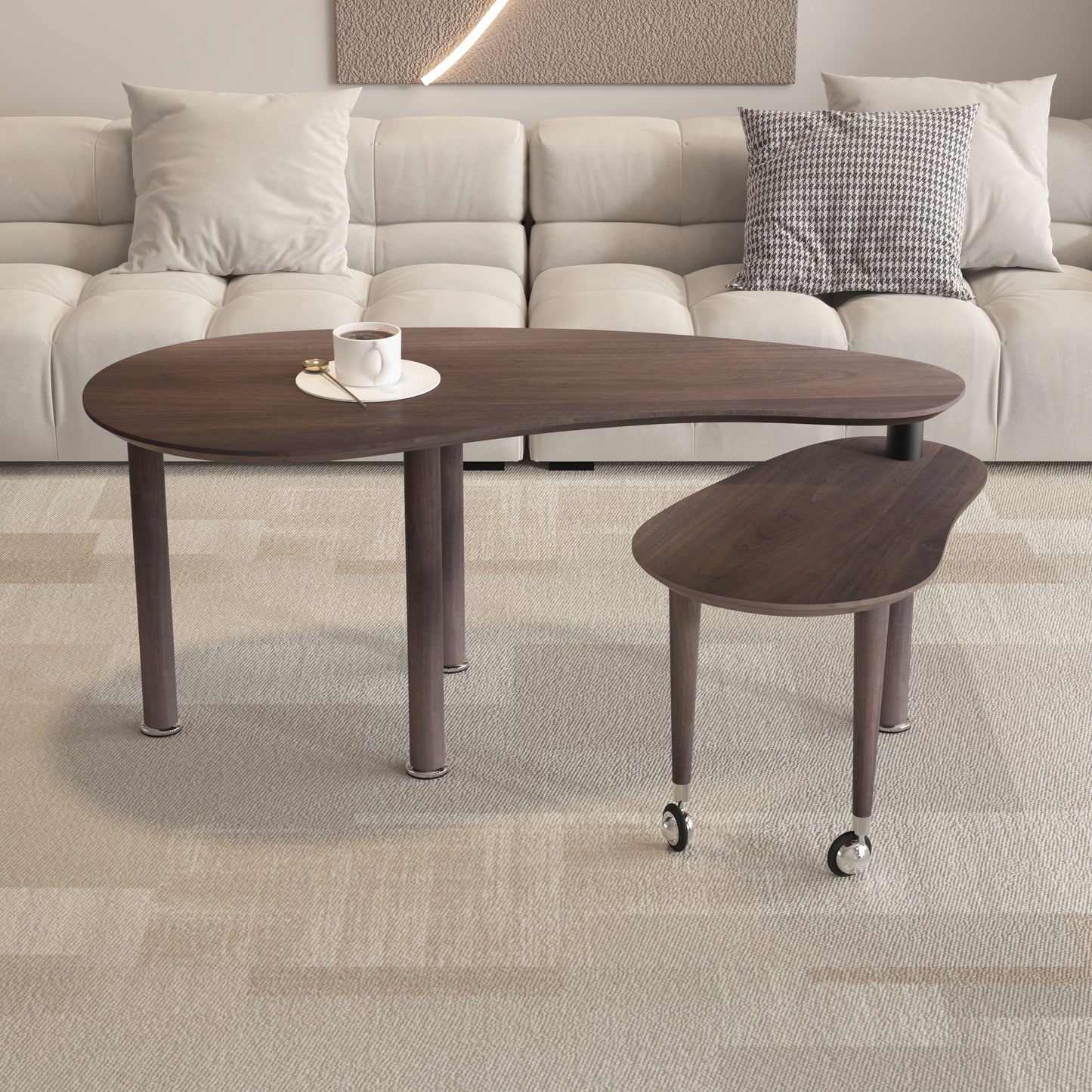 360 Degree Rotatable Coffee Table With Walnut Color Wood Grain OAK Veneer Tabletop For Living Room, Bedroom, Rotating Cocktail Table With Solid Rubber Wood Legs, Waterproof And Wear-resistant PU Paint