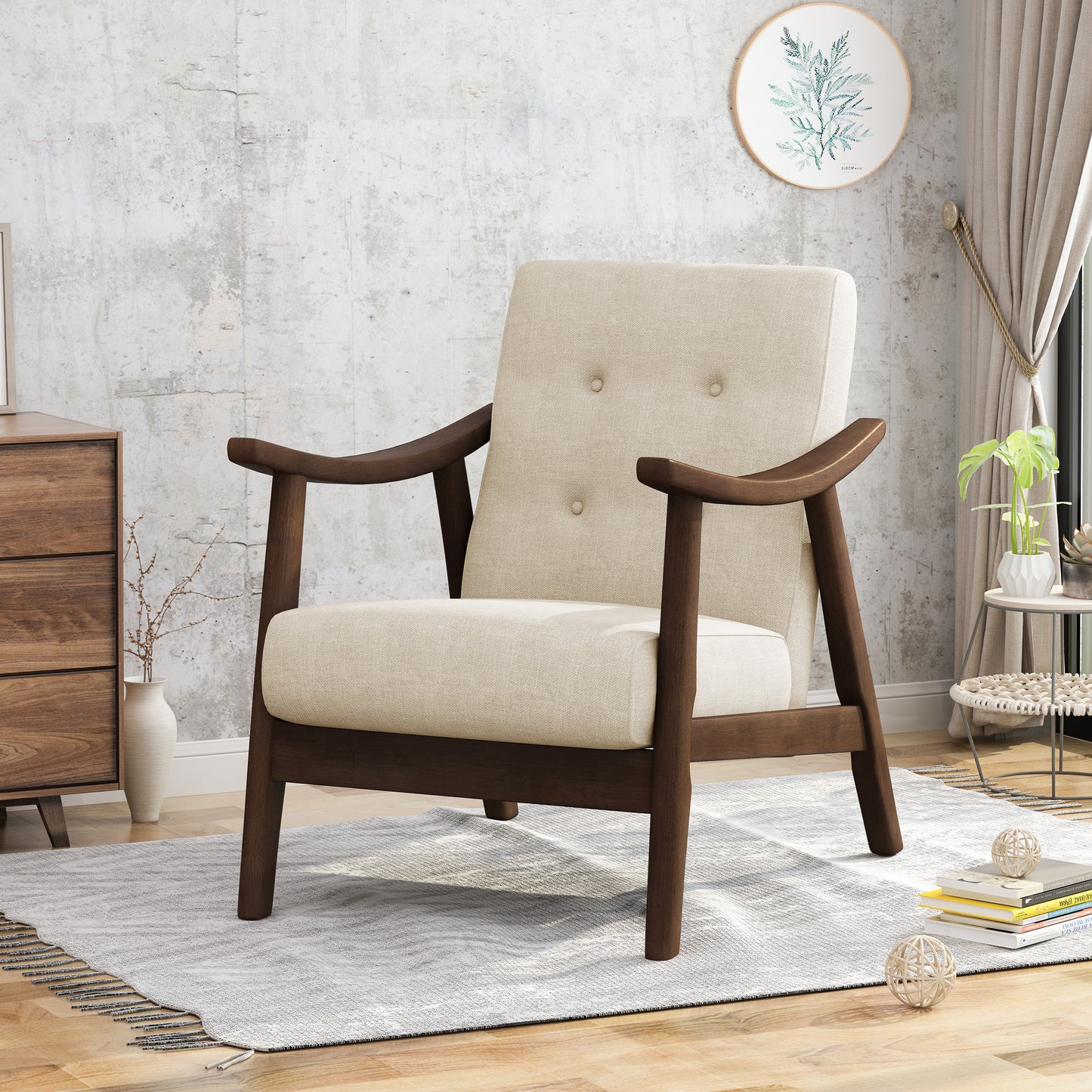 Mid-Century Modern Accent Chair, Tufted Armchair With Beige Upholstery And Brown Frame, 1-Piece