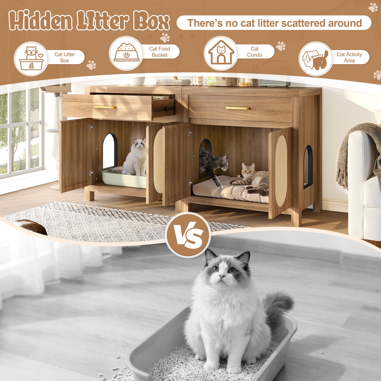 Cat Litter Box Enclosure, Hidden Cat Litter Box Furniture With Scratching Board Doors And Storage Drawer, Wooden Washroom Cat House Table Nightstand Box Cabinet, Espresso