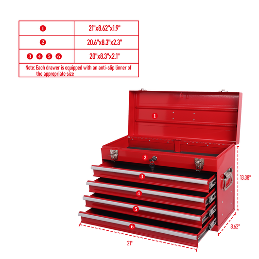 Heavy Duty Metal Tool Box, 21-inch, Portable Metal Tool Box With 4 Drawers, Small Tool Chest With EVA Liners, Ball Bearing Slide Drawers Locking & Powder Coated Finish, Multi-Function Tool Organizer