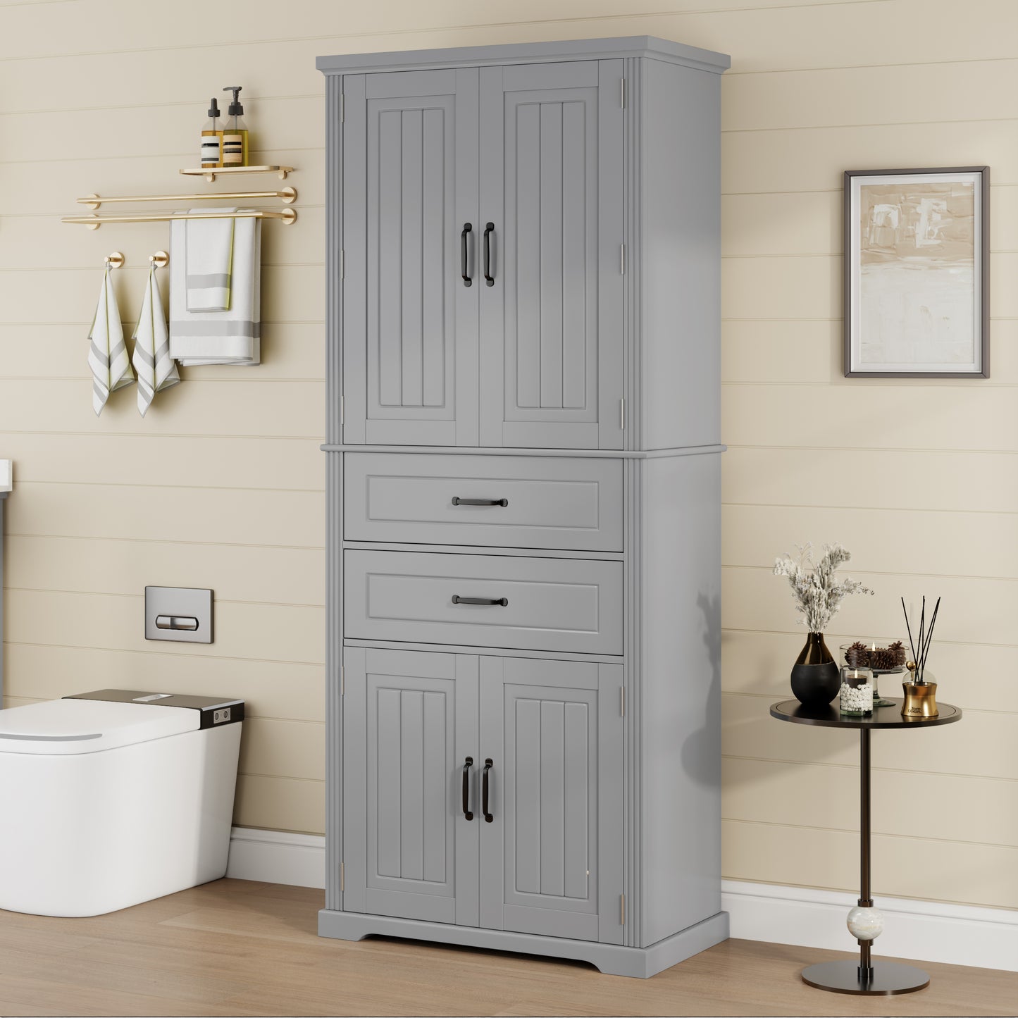 Video  Storage Cabinet With Multi-Functional Storage Space, Doors With Storage Shelves, 2 Drawers, Adjustable Shelf, Gray  Same Sku N759P293426E