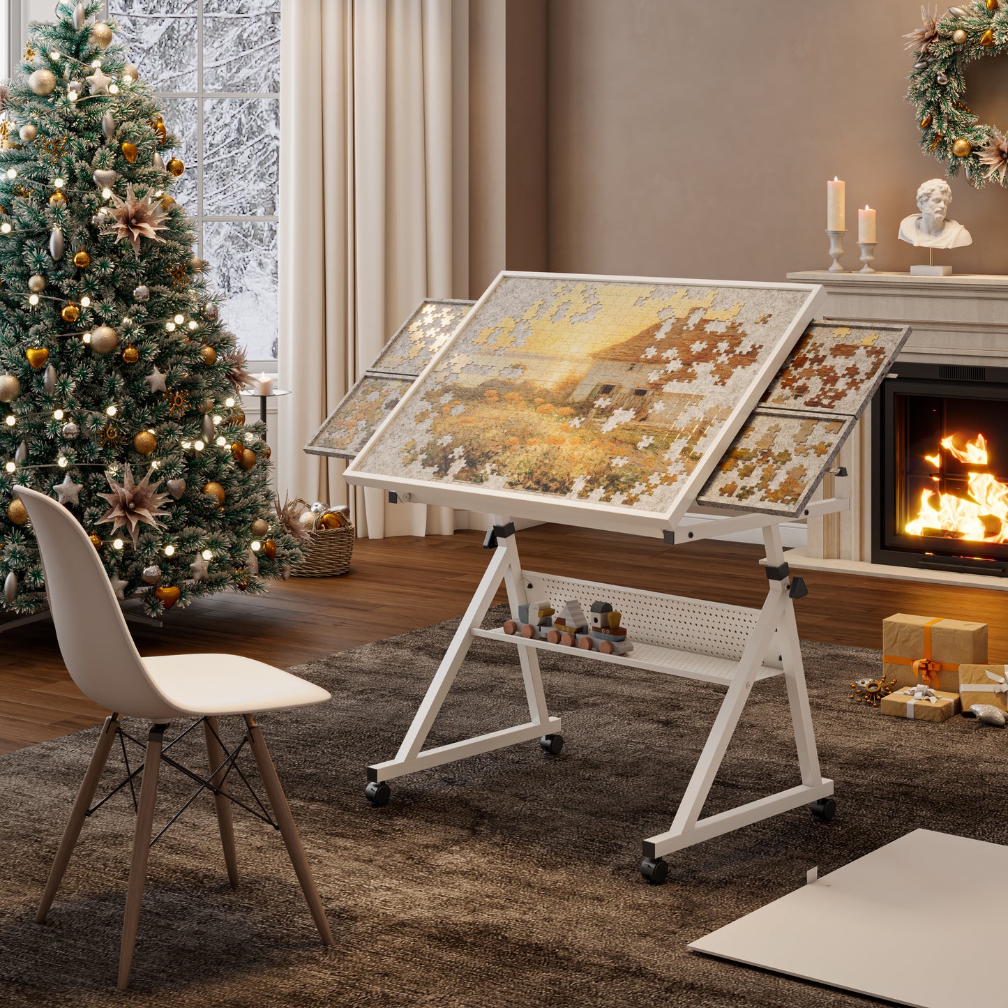 1500 Pieces Jigsaw Puzzle Metal Table Board For Adults Gift With 4 Trays White