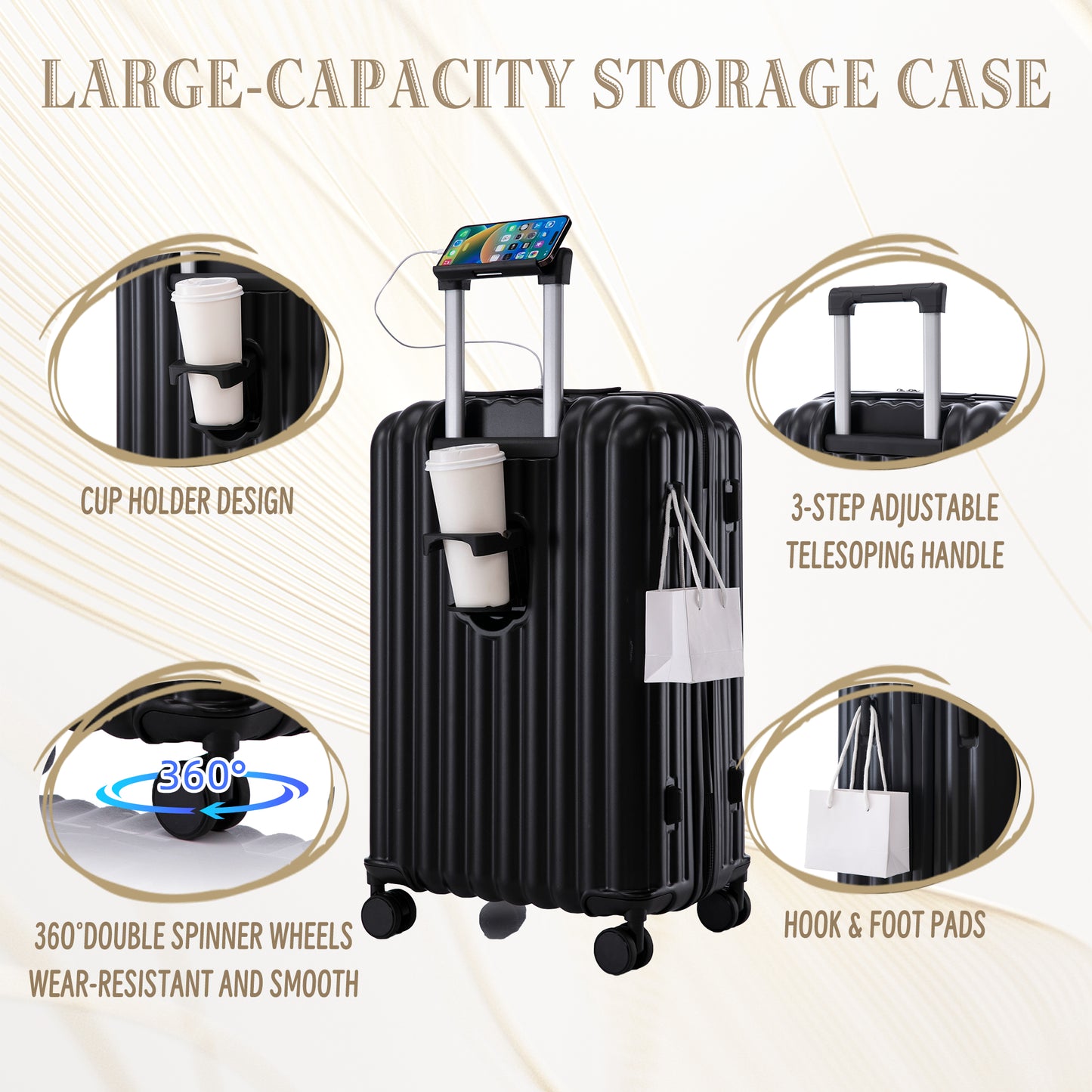 20  24  28  3 Pcs Set In ABS Spinner Wheel Luggage, Carry On Suitcase, With Cup Holder & USB Port & Phone Holder  Black