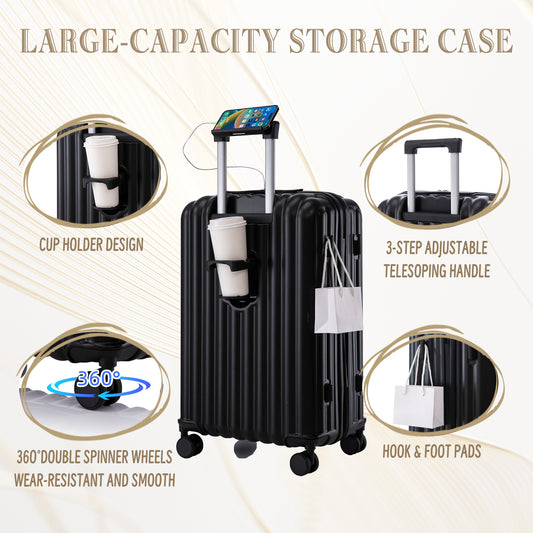 20  24  28  3 Pcs Set In ABS Spinner Wheel Luggage, Carry On Suitcase, With Cup Holder & USB Port & Phone Holder  Black
