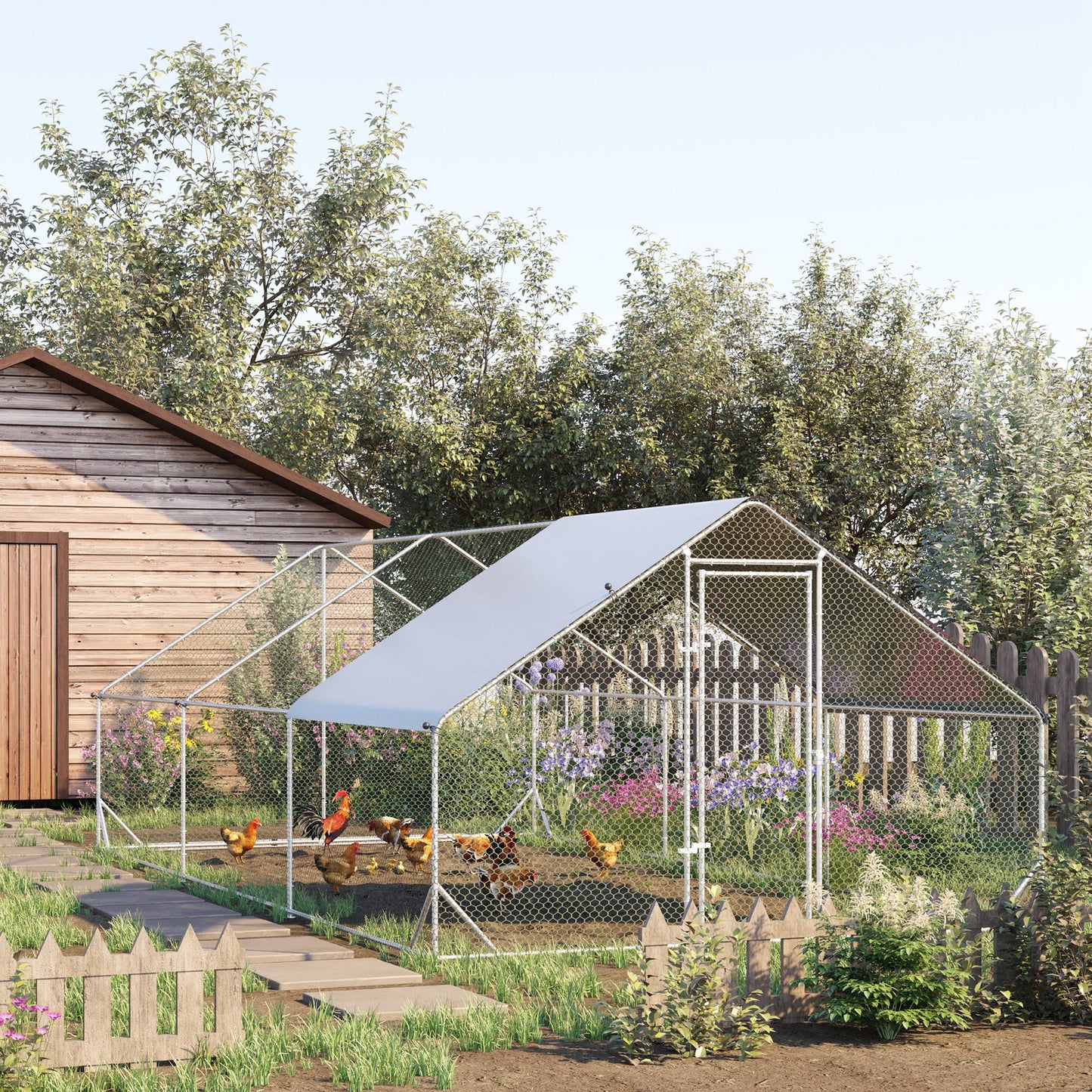 PawHut Large Chicken Coop Metal Chicken Run With Waterproof And Anti-UV Cover, Spire Shaped Walk In Fence Cage Hen House For Outdoor And Yard Farm Use, 1 Tube Diameter, 9.8 X 19.7'X 6.6
