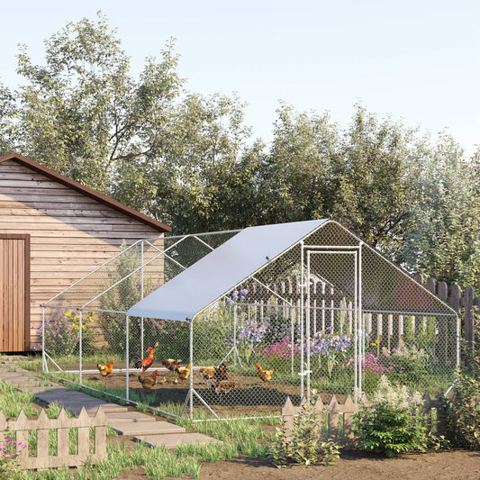 PawHut Large Chicken Coop Metal Chicken Run With Waterproof And Anti-UV Cover, Spire Shaped Walk In Fence Cage Hen House For Outdoor And Yard Farm Use, 1 Tube Diameter, 9.8 X 19.7'X 6.6