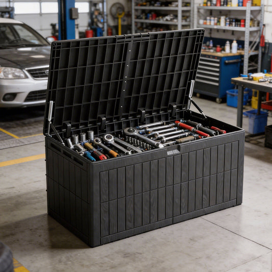 220 Gallons Outdoor Storage Box Large Capacity Water Proof Lockable Resin Deck Box For Tools Pool Accessories Sports Equipment Black
