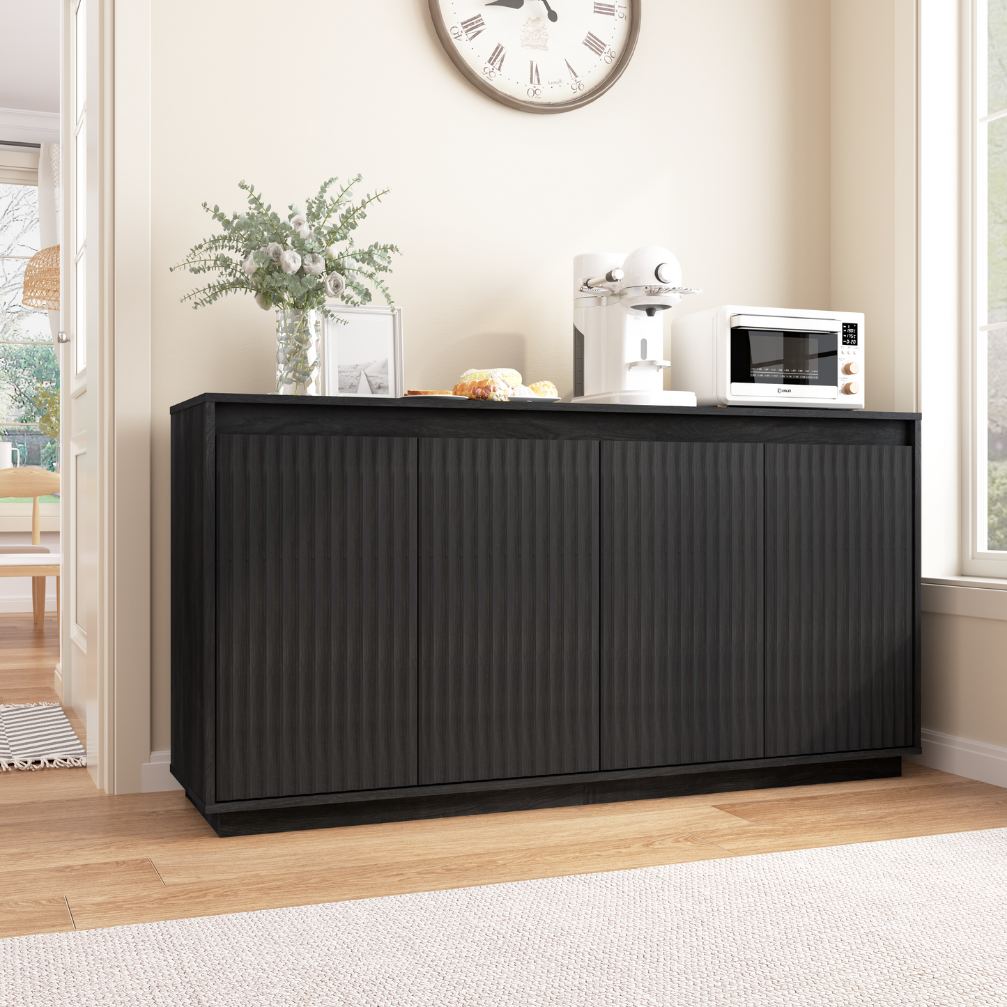 4 Door Black Wood Sideboard Buffet Cabinet With Power Outlet, Wavy Vertical Texture Accent Cabinet With No-Handle Design  Door Top Edge As Handle , Freestanding Kitchen Storage Cabinet For Dining Room