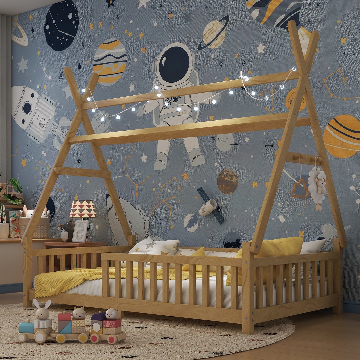 Twin House Bed With Light, Low Floor House Bed With Fence And Roof For Kids Boys Girls,NaturalExpect Arrive Date 2026 4 2   Old SKU W2593P296911
