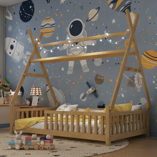 Twin House Bed With Light, Low Floor House Bed With Fence And Roof For Kids Boys Girls,NaturalExpect Arrive Date 2026 4 2   Old SKU W2593P296911
