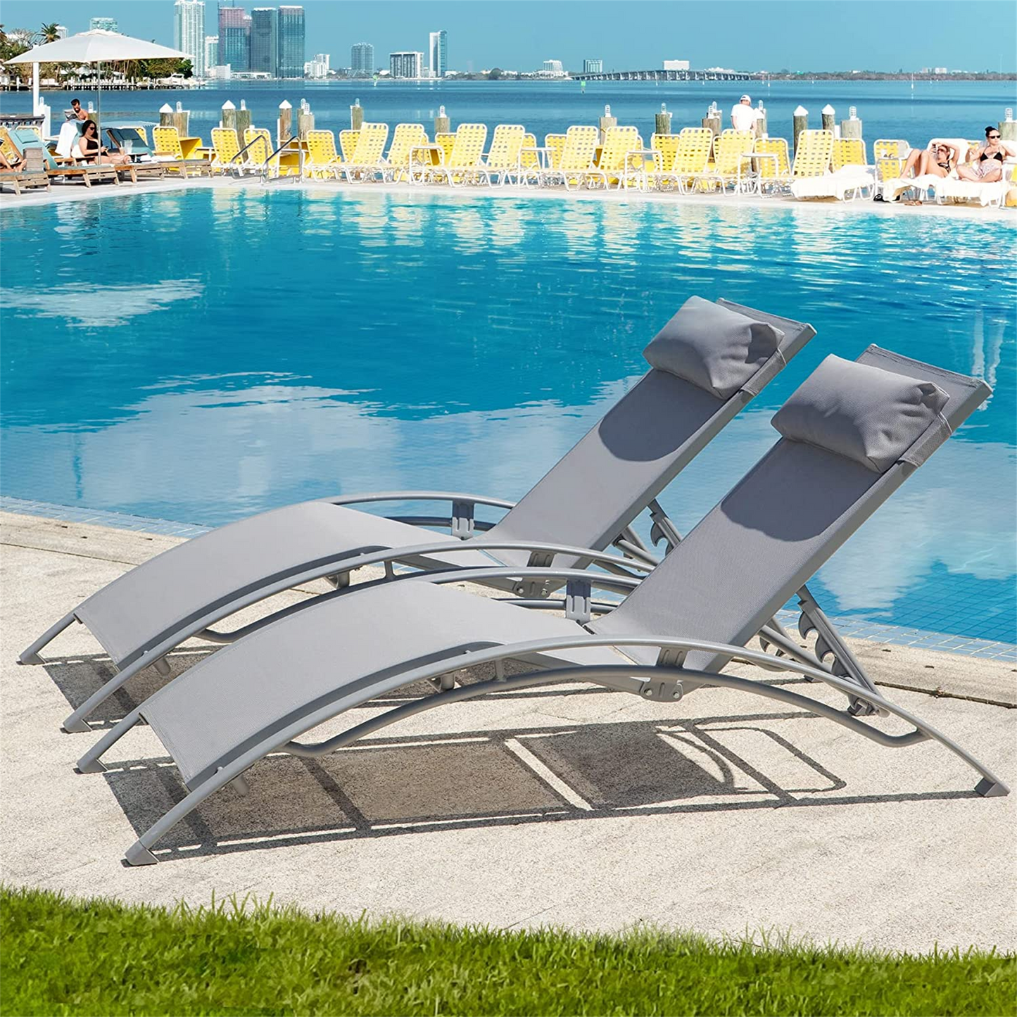 Outdoor Chaise Lounge Set Of 2 Patio Recliner Chairs With Adjustable Backrest And Removable Pillow For Indoor&Outdoor Beach Pool Sunbathing Lawn  Gray, 2 Lounge  Chairs
