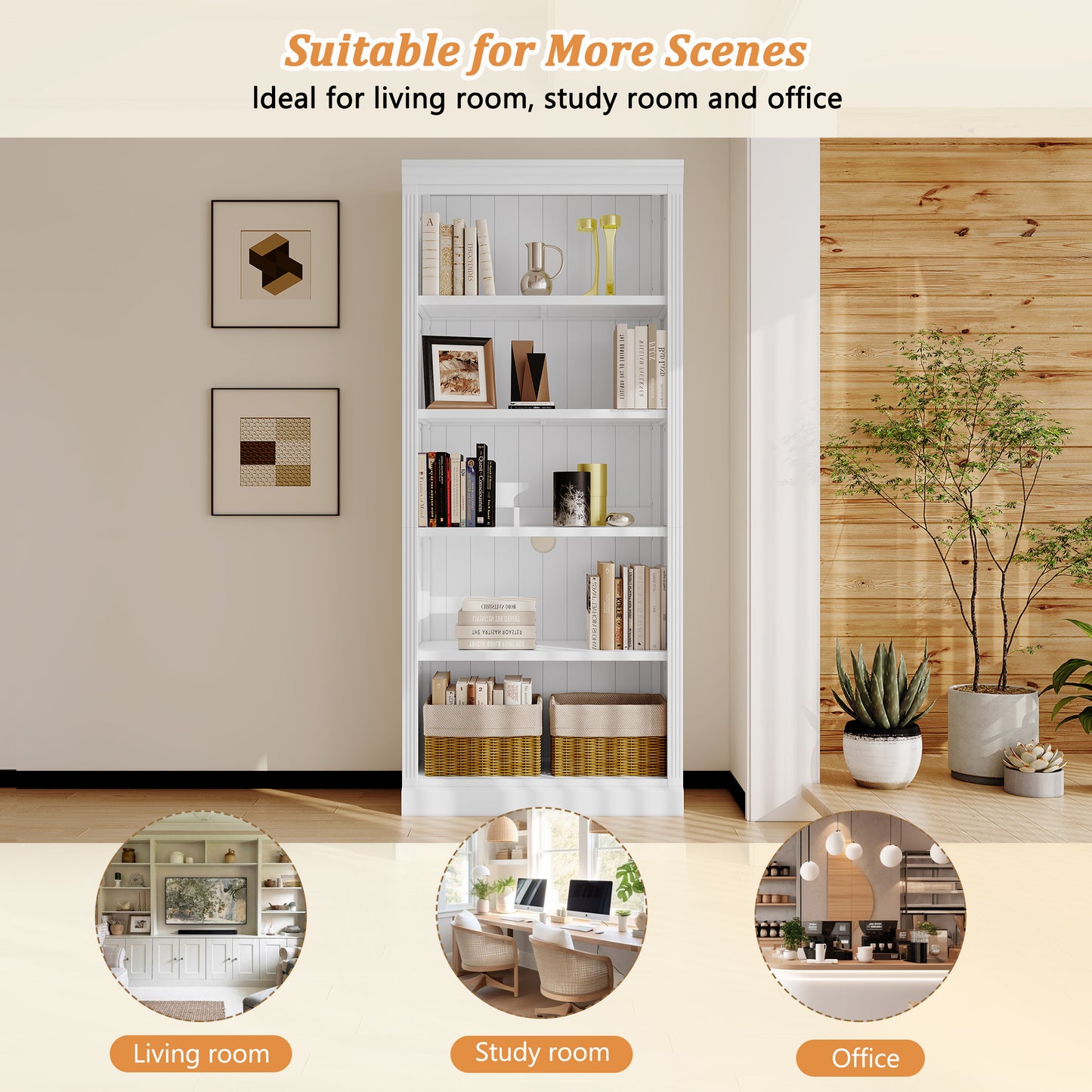 83 Tall Wood Bookcase Suite With Light Strip ,5-Tier Decor Bookcase Suite With Adjustable Shelves,Storage Organizer,Free Standing Storage Shelves Suite For Living Room,Home Office,White