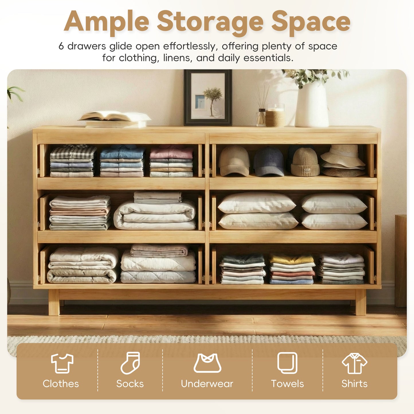 60   Length 6 Drawer Dresser With Wave Front Design, Modern TV Stand & Chest Of Drawers, Anti-Tip Clothes Storage Organizer For Bedroom, Living Room And Nursery, Natural Oak