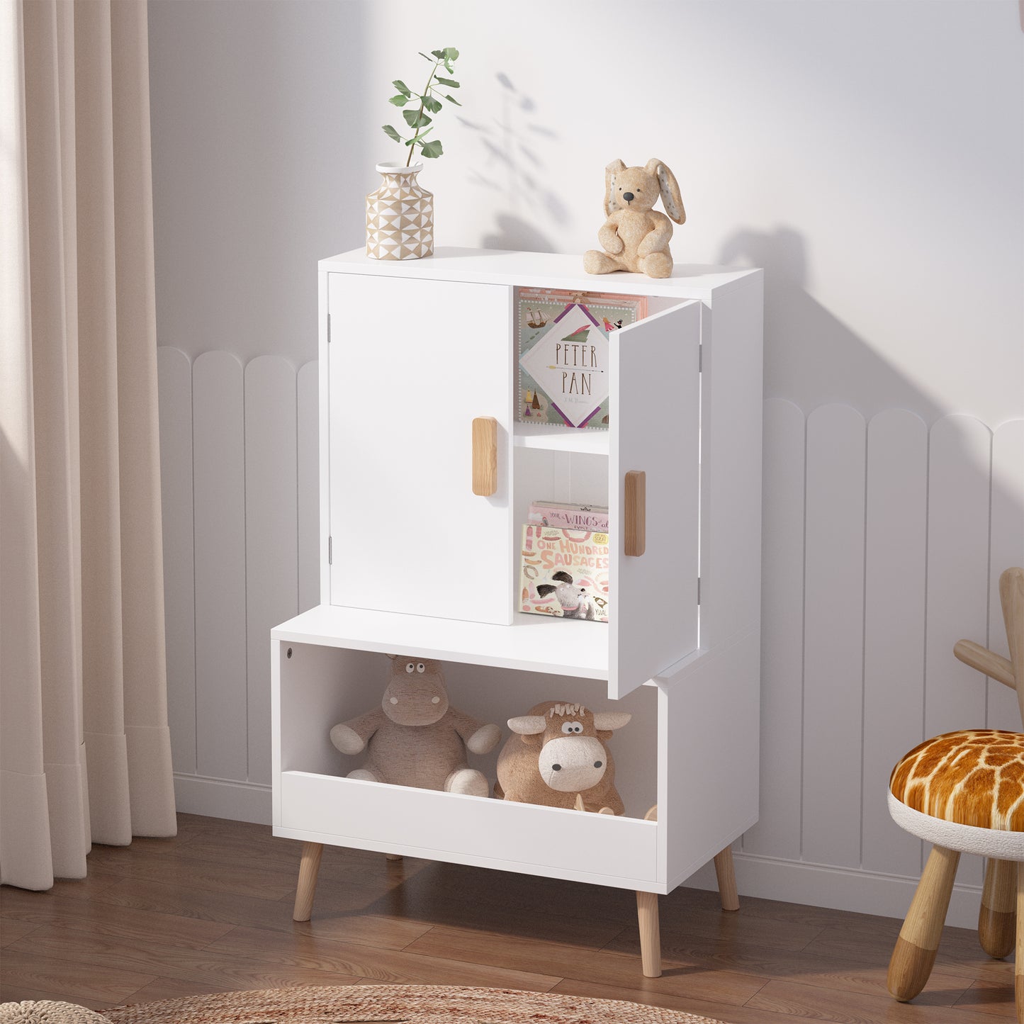 Kids Toy Storage Cabinet With Doors And Open Shelf, White Modern Wooden Organizer With Natural Wood Legs, Toddler Bookshelf For Playroom, Nursery, Bedroom