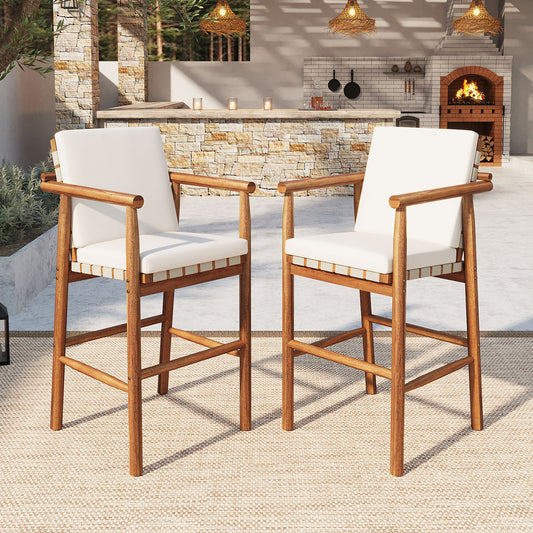 Outdoor Counter Height Bar Stools Chair Set Of 2, Modern Patio Acacia Wooden Stools With Backrest Arm And Webbing Seat, For Patio, Pool, Garden, Beige Cushions Included