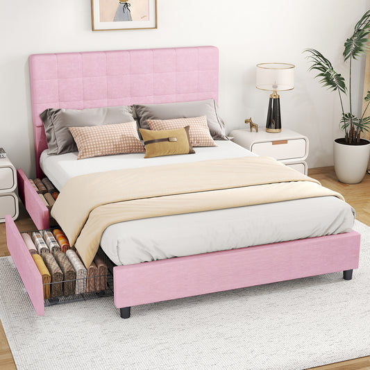 Full Bed Frame Upholstered Vertical Channel Headboard Bed Frame With 4 Storage Drawers Wood Slats No Box Spring Needed Easy Assembly For Bedroom