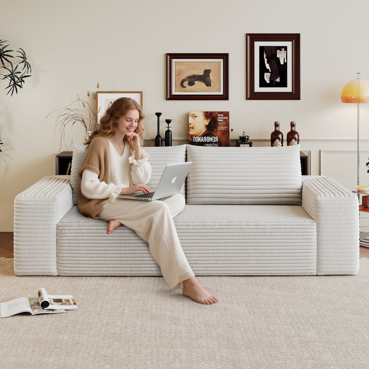 71  3Setaser Sofa,Corduroy Fabric,Deep Seat Couches,Comfy Loveseat Sofa,No Assembly,1pcs For Living Room, Bedroom,Conference Room ,Apartment,White