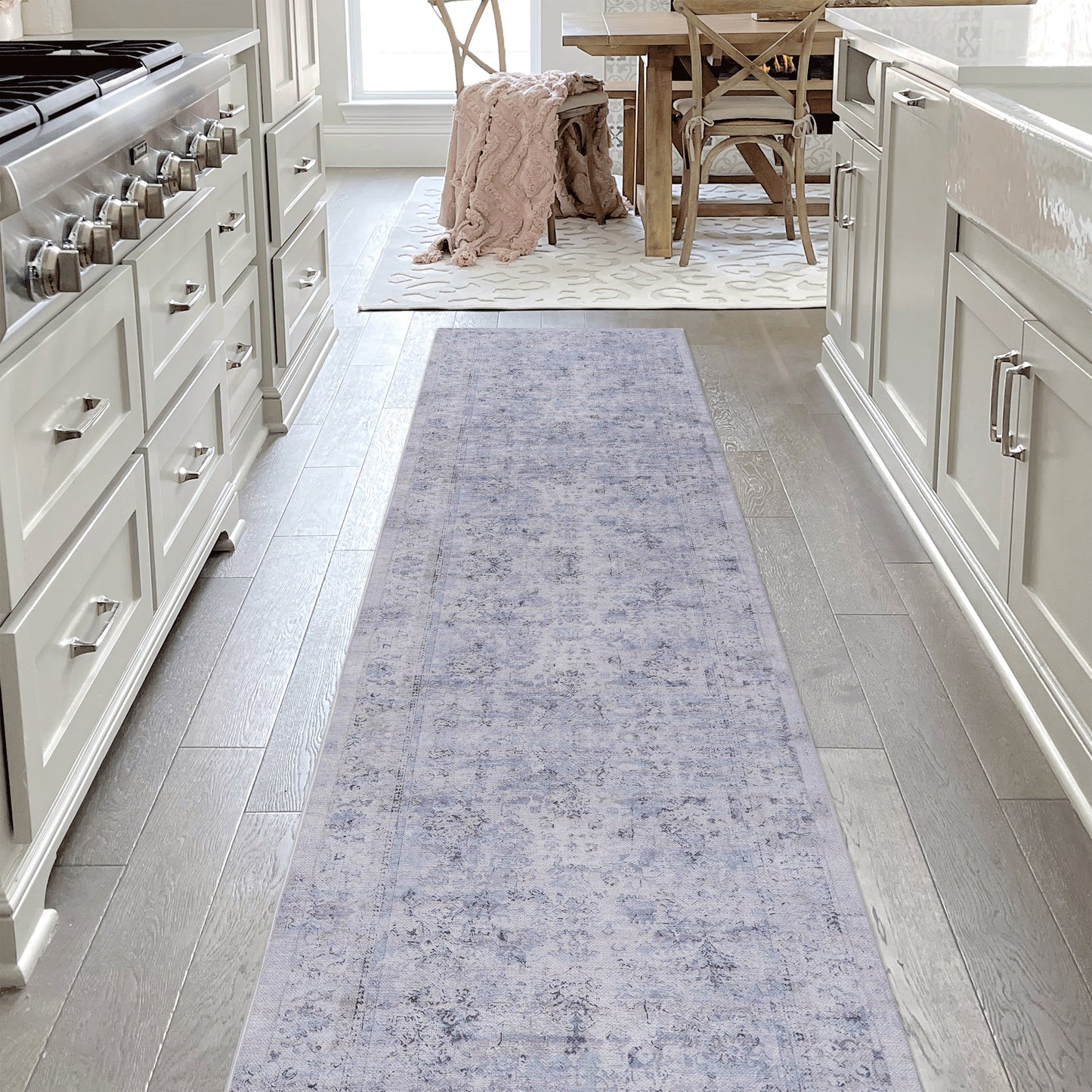 MAVAL Blue Washable Rug 2'6'' X 10' Runner Rug  Blue Cream, 2'6'' X 10'
