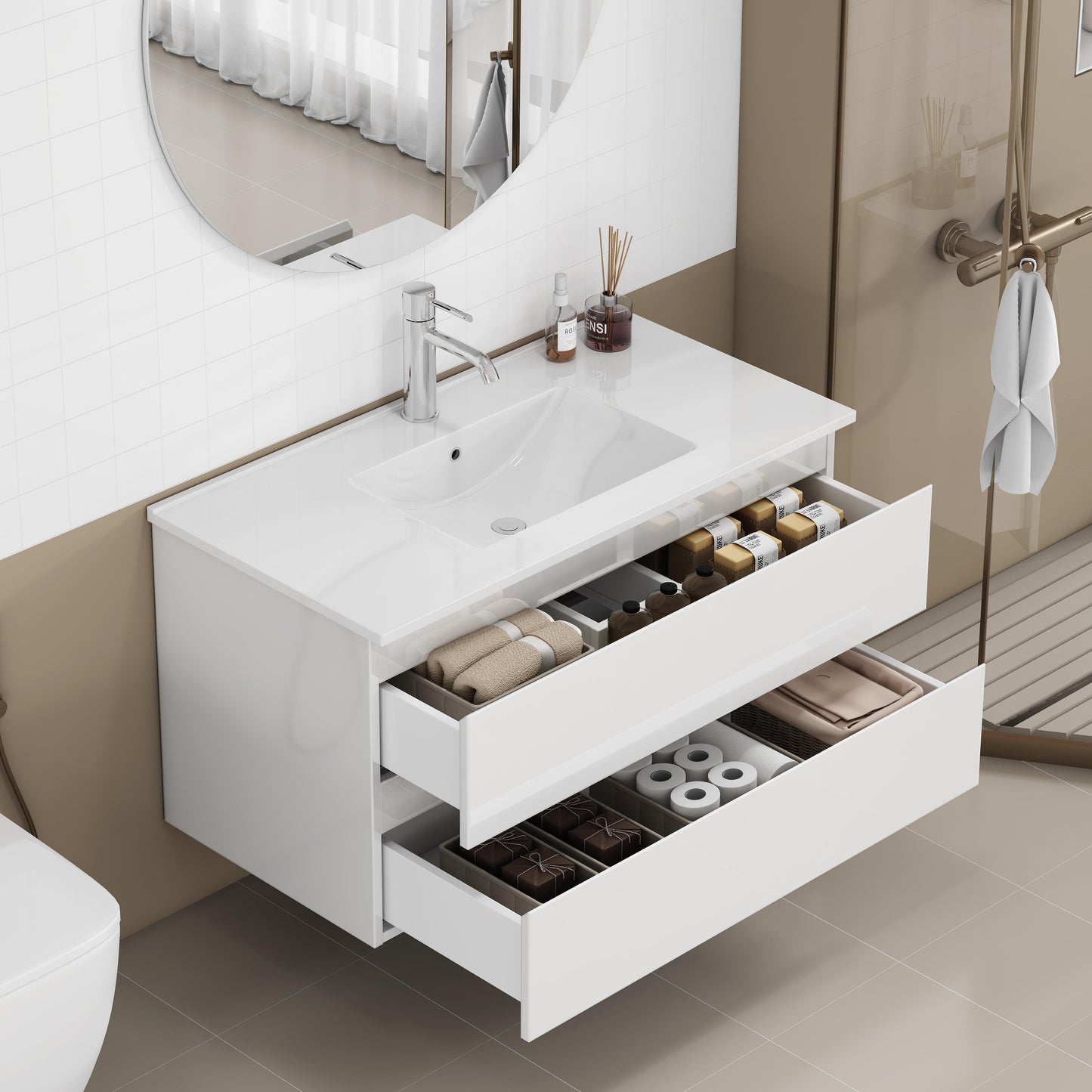 36-inch Bathroom Vanity With Sink Combo,Cabinet With 2 Big Drawers,Soft Close System,2 Big Drawers,Handle-Free Design,Easy Assemble,Glossy White