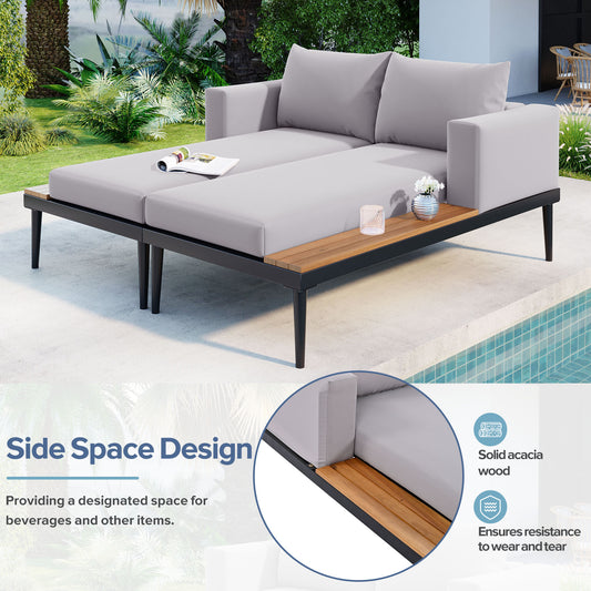 TOPMAx Modern Outdoor Daybed Patio Metal Daybed With Wood Topped Side Spaces For Drinks  2 In 1 Padded Chaise Lounges For Poolside  Balcony  Deck  Gray