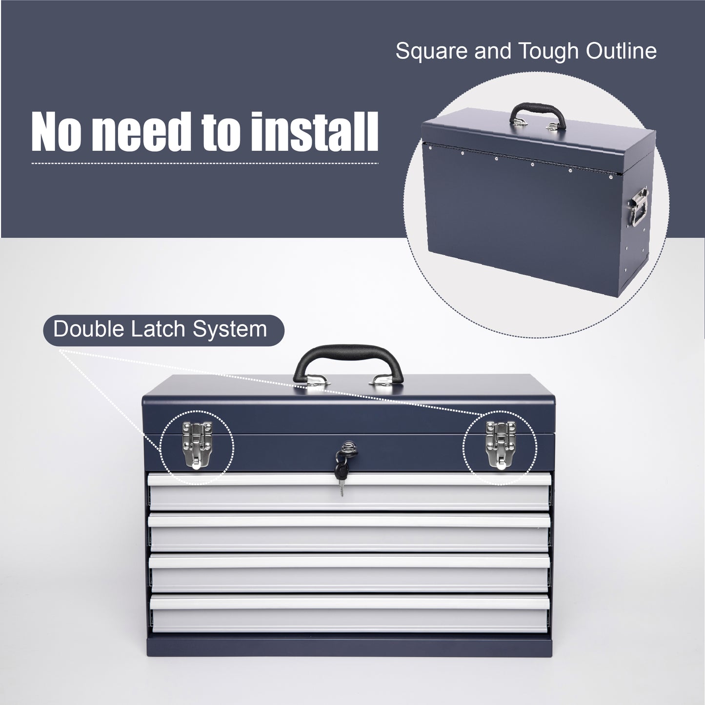 Heavy Duty Metal Tool Box, 21-inch, Portable Metal Tool Box With 4 Drawers, Small Tool Chest With EVA Liners, Ball Bearing Slide Drawers Locking & Powder Coated Finish, Multi-Function Tool Organizer