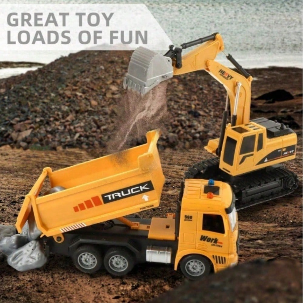 RC Dump Truck And Excavator Set, 2 In 1 Remote Control Construction Vehicles With Realistic Sounds And Lights, Perfect Holiday Gift, Toy Cars, Outside Toys, Carro Control Remoto, Remote Control Toys
