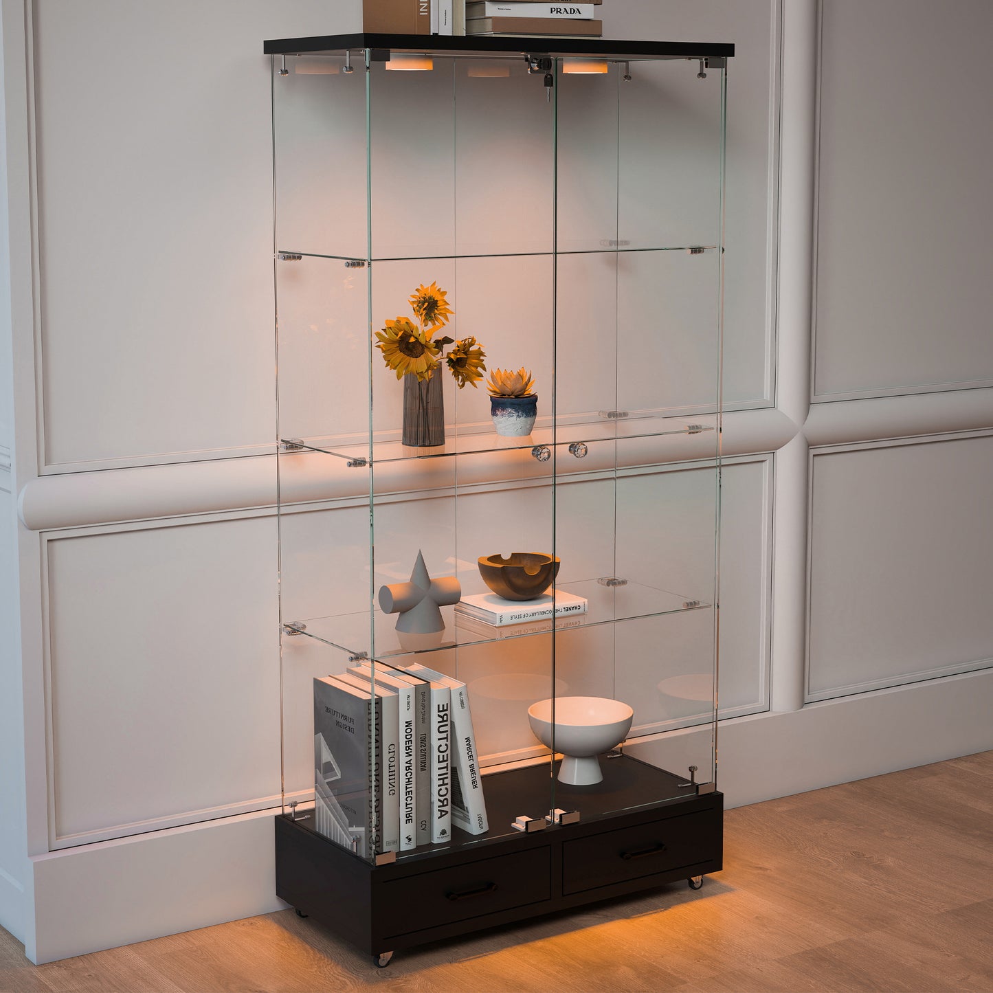 Modern Glass Display Cabinet With 2 Large Drawers , Quick-assembly Antique Cabinet With LED Lights, Tempered Glass Bookshelf, 2-Door Storage Case With 4 Shelves  For Living Room And Bedroom, Black