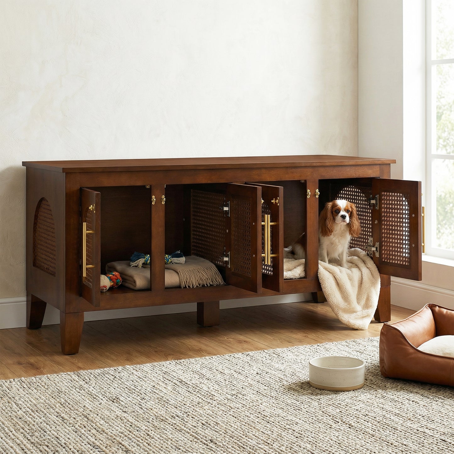 Lars Indoor Rattan Decorated Rubber Wood Dog Crate Cabinet Furniture -Stylish Pet Kennel With 4 Doors For Living Room