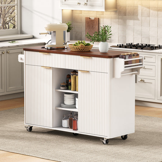 K&K 52  Fluted Kitchen Island With Drop Leaf, Power Outlet,  Kitchen Storage Cart With Adjustable Shelves, 2 Doors And 2 Drawers, Rolling Island Table With Walnut Color Top For Kitchen, White