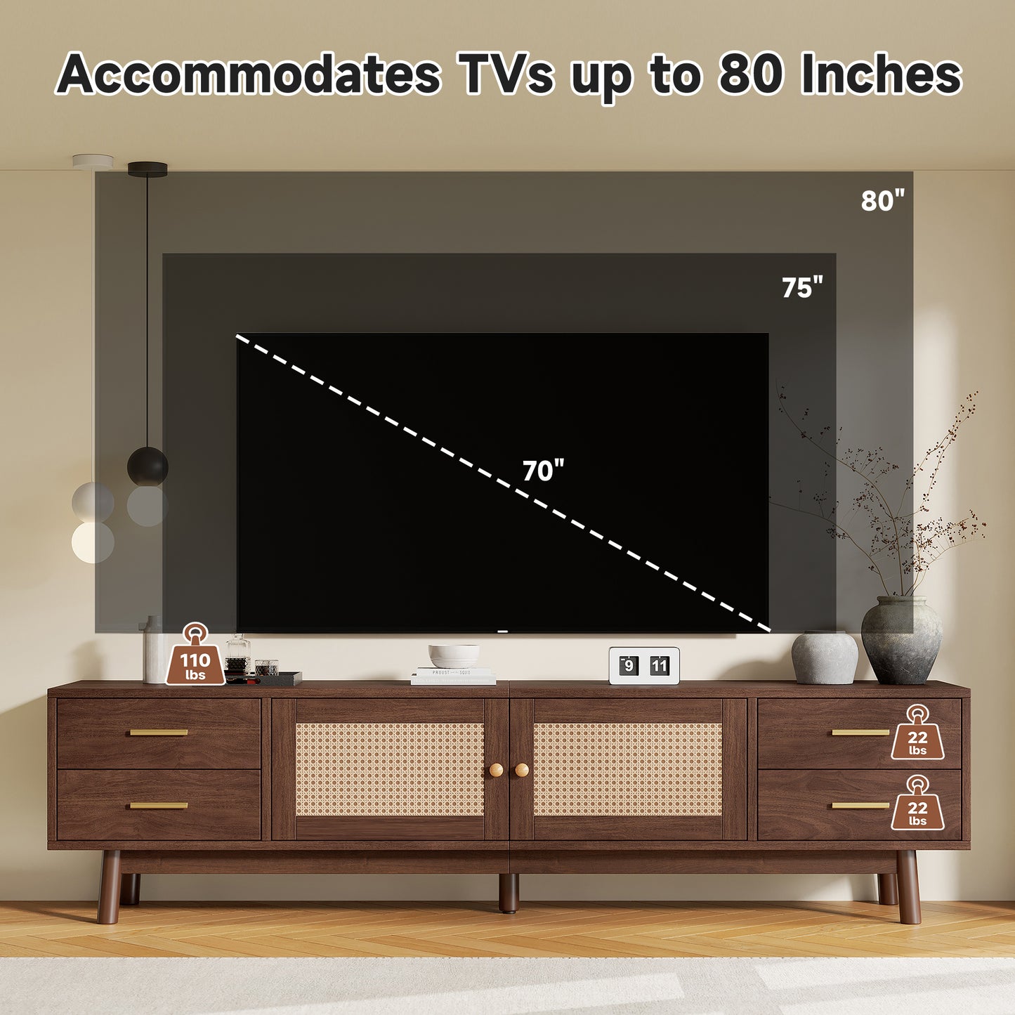 70inch Modern TV Stand With Rattan Doors For TVs Up To 80  , Media Console With Storage Space, 4 Drawers & Cable Holes, Entertainment Center For Living Room