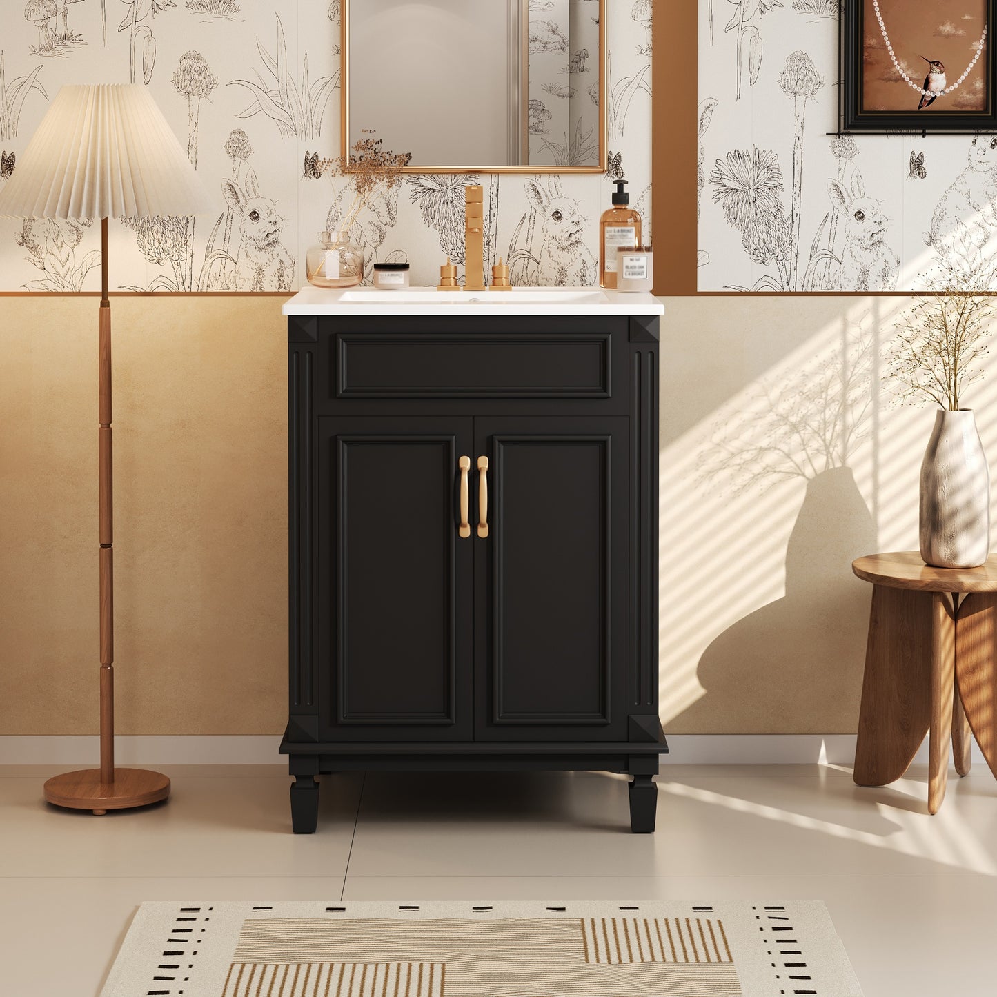 24'' Bathroom Vanity With Top Sink, Modern Bathroom Storage Cabinet With 2 Soft-Closing Doors And Adjustable Shelf, Solid Wood Frame