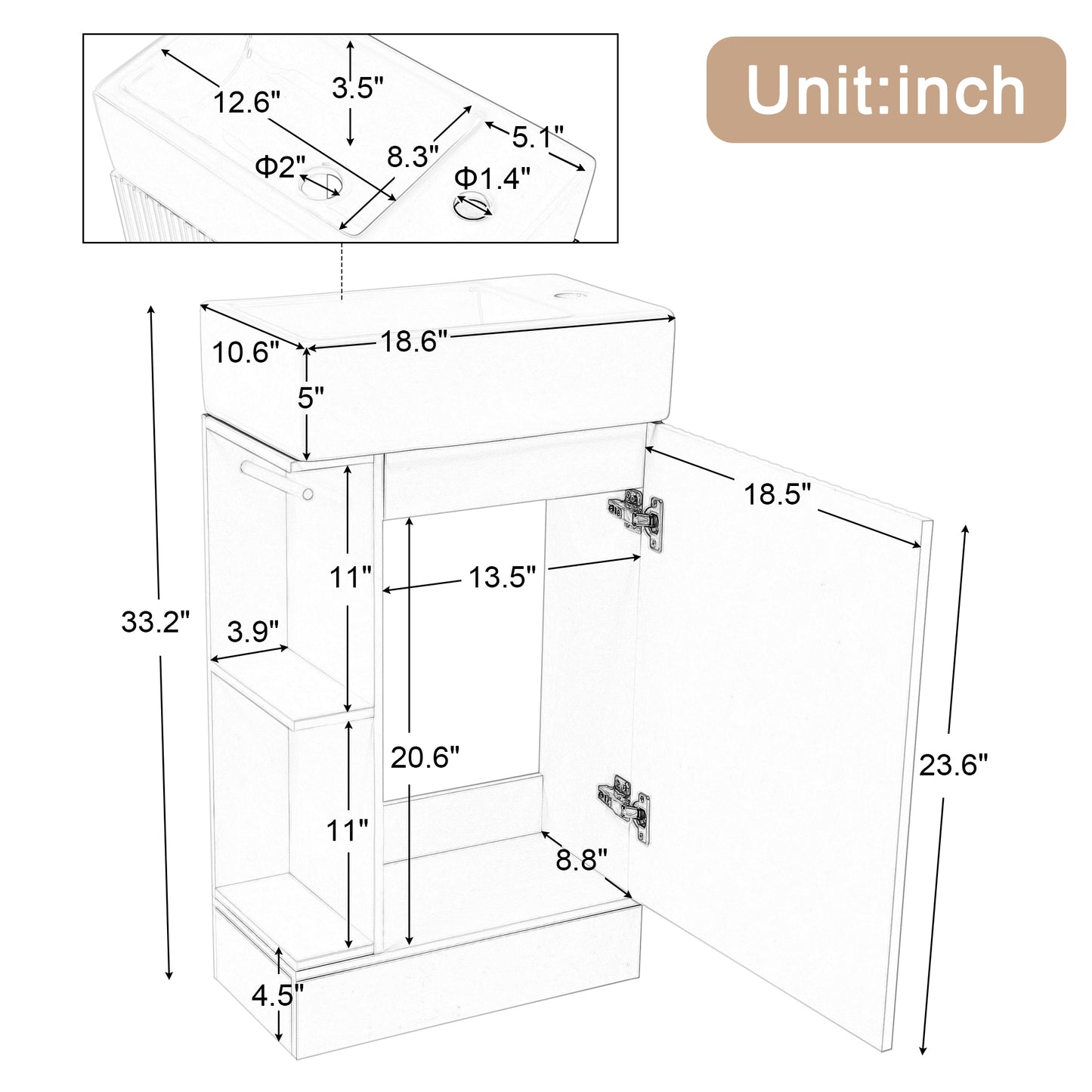 18.6  Bathroom Vanity With Sink, Bathroom Vanity Cabinet With Two-tier Shelf, Left Or Right Orientation, Black