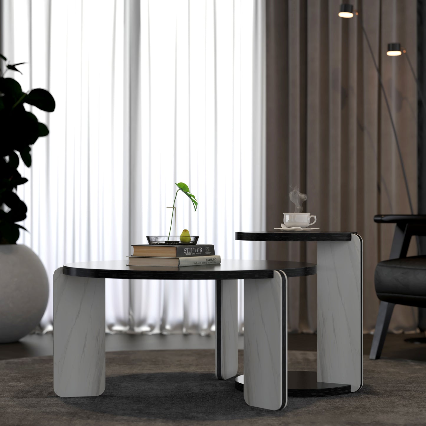 32.68& 16.93 Round Coffee Table End Table Sofa Table Side Table Set With Black OAK Veneer Surface 25mm MDF For Living Room Dinning Room Bedroom,Sintered Stone Legs White Black, 83 43cm Diameter