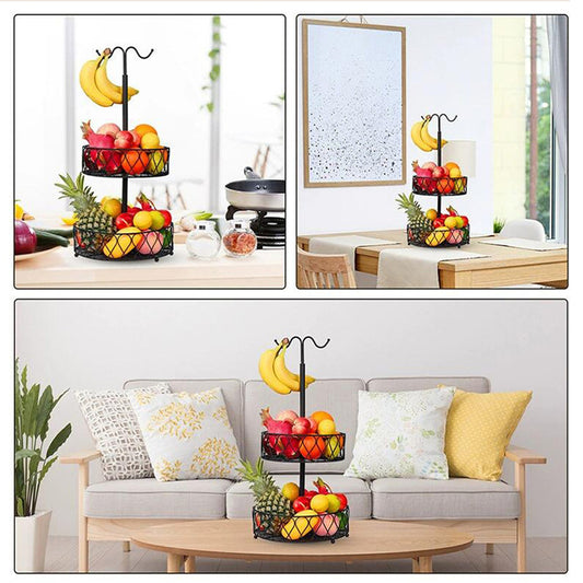 Fruit Basket With Banana Hanger Iron 2 Tier Detachable Countertop Fruit Storage Holder Stand For Living Room